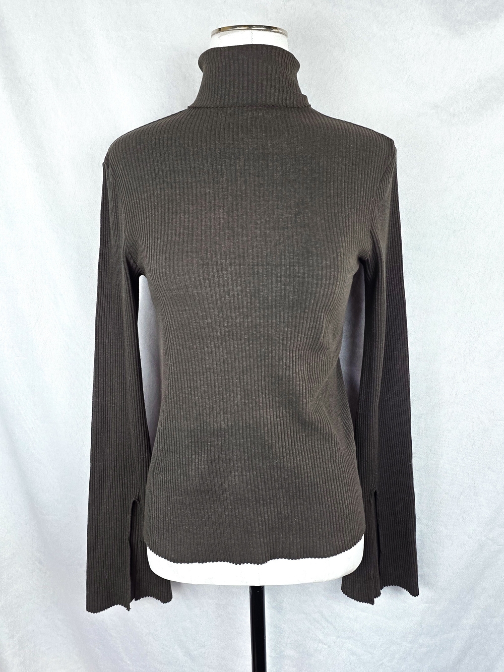 Enza Costa Flared Sleeve Ribbed Turtleneck Long Sleeve Top Medium Green Brown